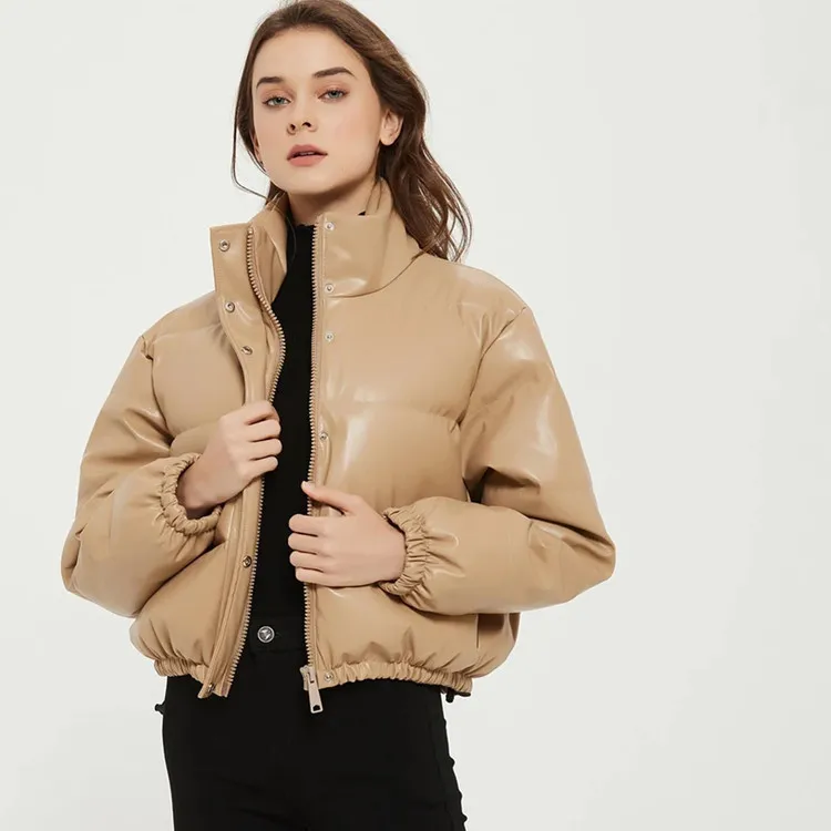 

Winter New Women's Down Cotton Jacket Commuter Windproof Stand Up Collar PU Leather Jacket