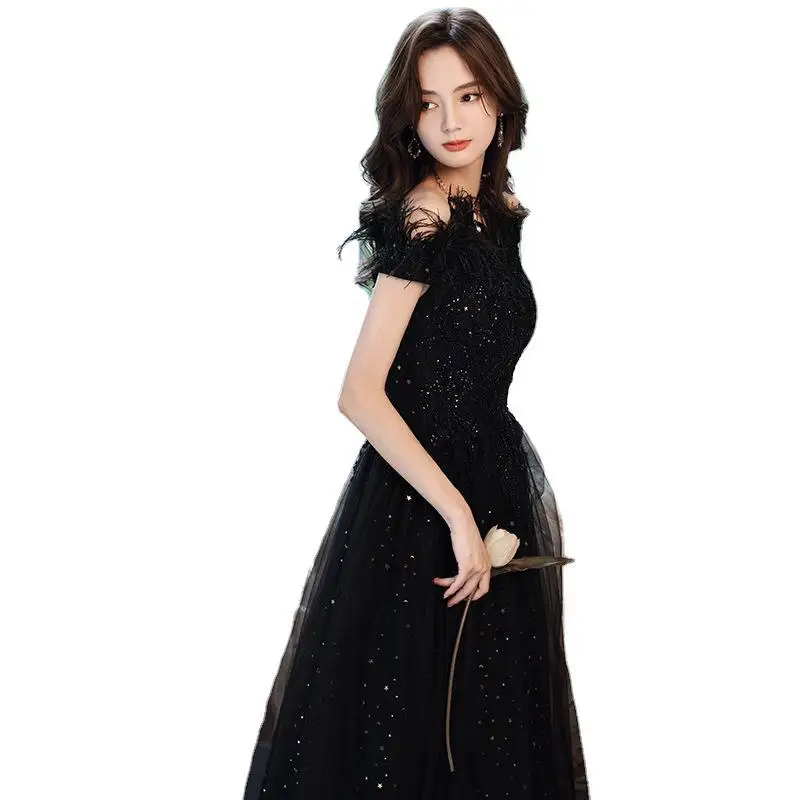 Black Feather One Shoulder Evening Dresses Women Solid Color Applique Sequin A-line Homecoming Dresses Elegant Formal Gown