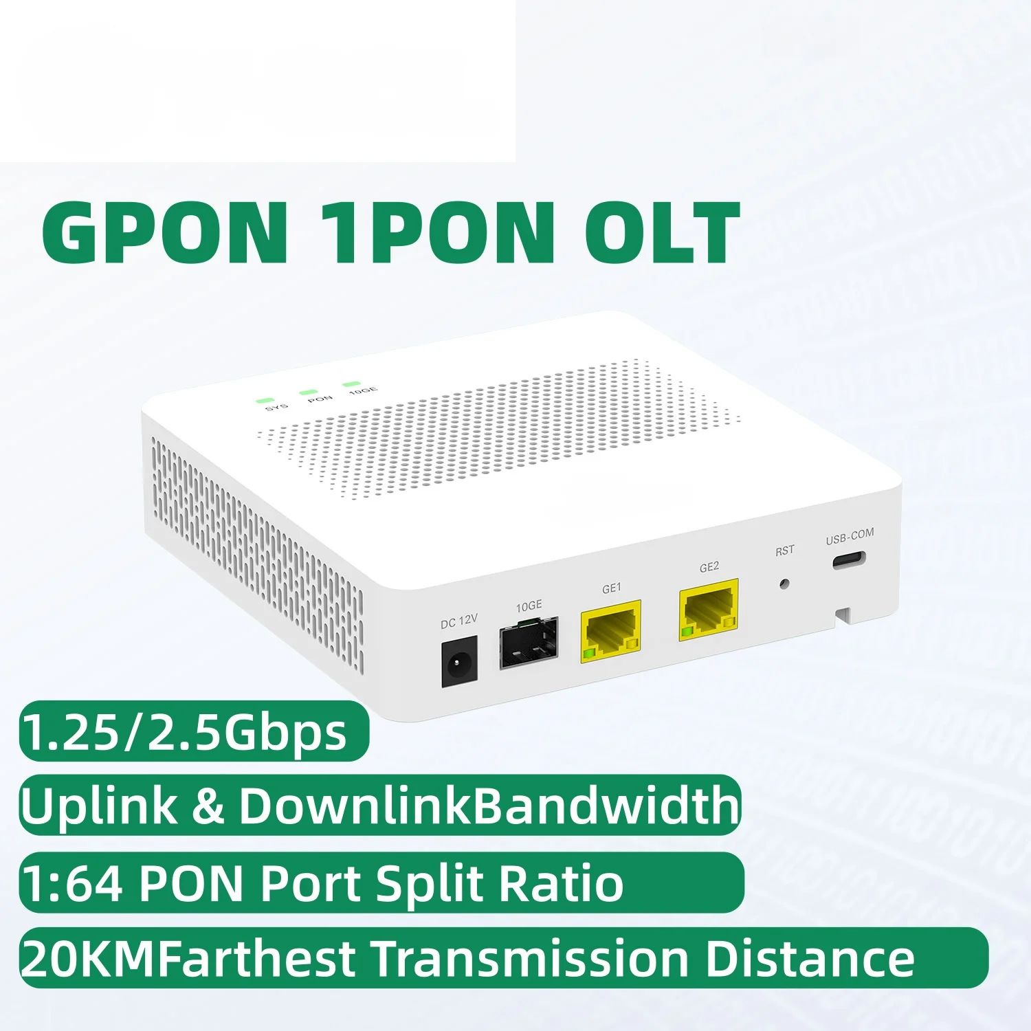 V·SOL 1PON port OLT Mini GPON OLT Single PON 10GE(SFP+) Uplink | Split Ratio 1:64 | Fanless 20KM UPC 1A 12V Single