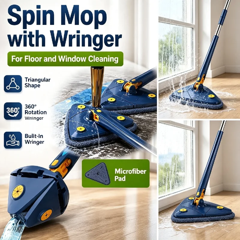 Cleaning Mop 360° Rotatable Water Absorption Triangular Mop Foldable Automatic Water Squeezing Wall Cleaning Mop OR 3 Mop Cloth