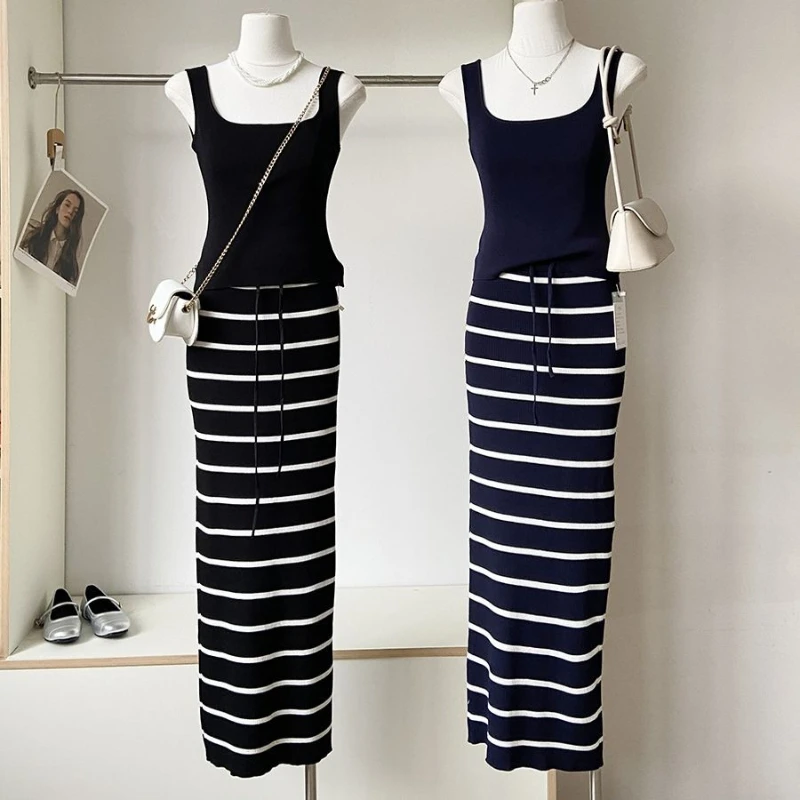 Korean version lazy style temperament two-piece set women's versatile contrasting olor striped tank top+split long skirt