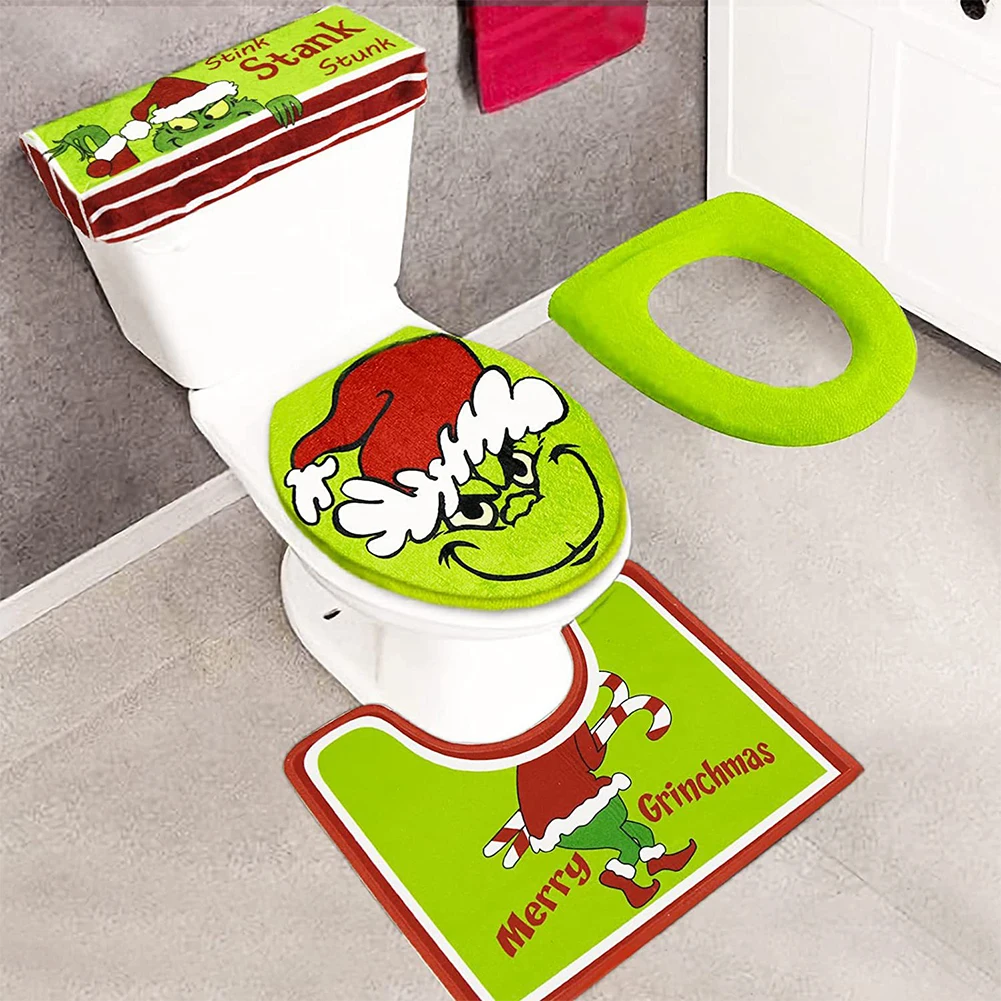 4Pcs Christmas Green Monsters Toilet Seat Cover Set with U Rug & Tank Cover Xmas Bathroom Sets Christmas Home Decoration