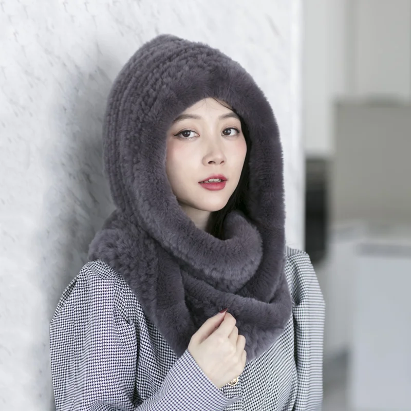 BESFILIN Real Rex Rabbit Fur Scarf Hat for Women, Multifunctional Knitted Hat, Keep Warm, Double Faced, Autumn and Winter