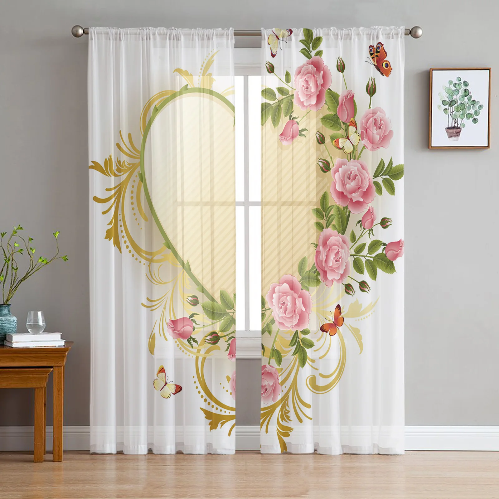 

Pink Rose Flower Sheer Curtains for Living Room Decoration Window Curtain for Bedroom Kitchen Tulle Voile Organza Drapes 2Pieces