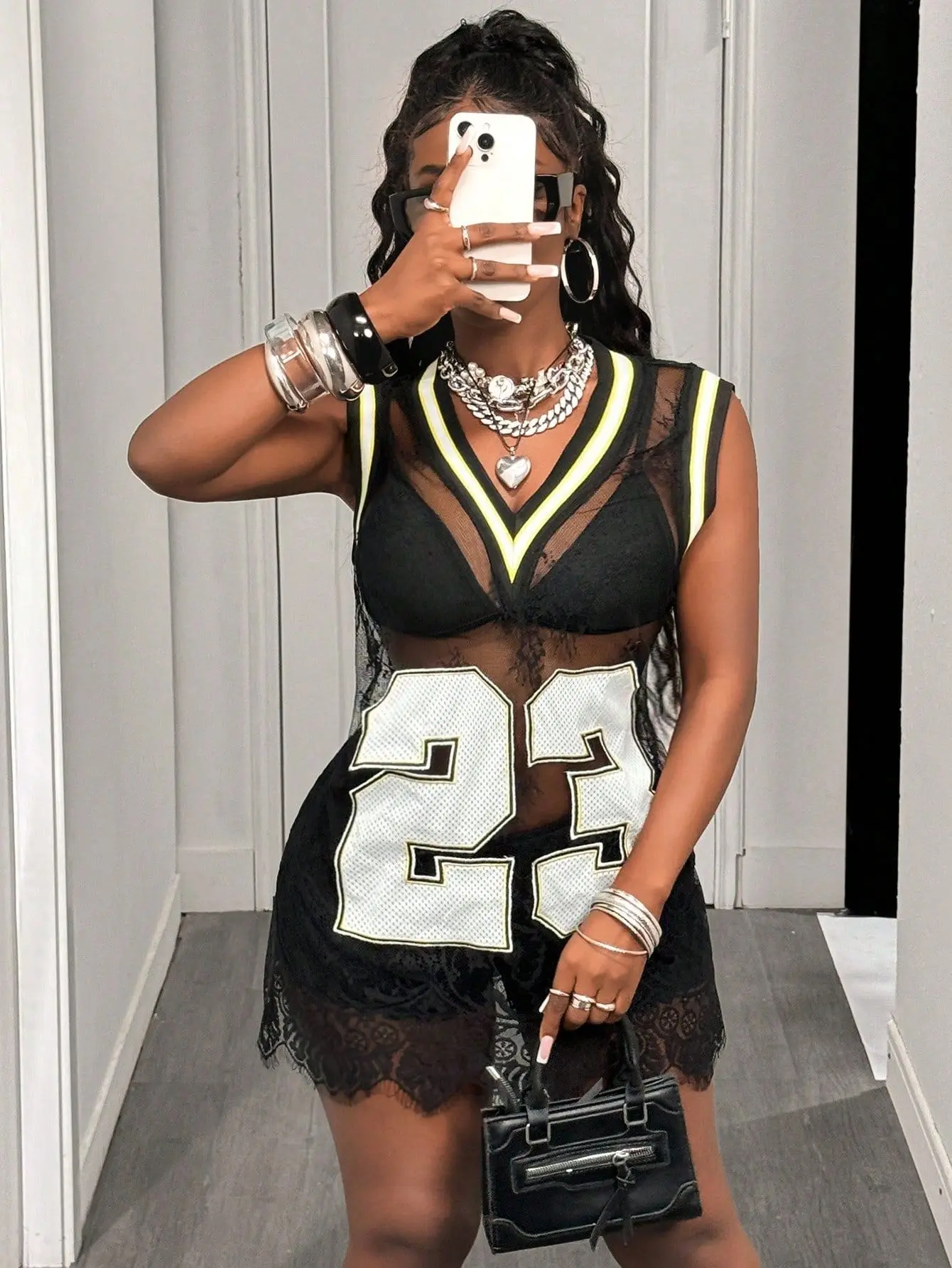 Malha renda com decote em v camisa vestido mini clube vestidos de beisebol verão feminino festa y2k streetwear outfits sexy bodycon ver através do vestido