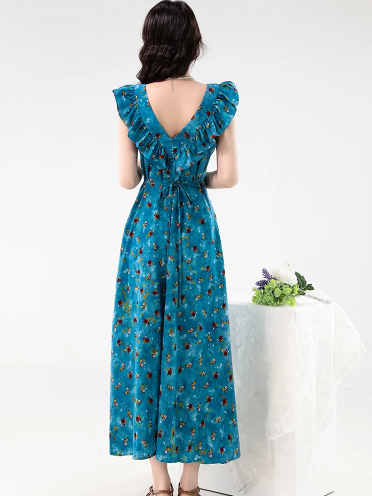 2025 Blue Floral Ruffled Square Collar Sleeveless Dress Summer Elegant Luxury Long Dress Women Korean Vintage Bodycon Prom Dress