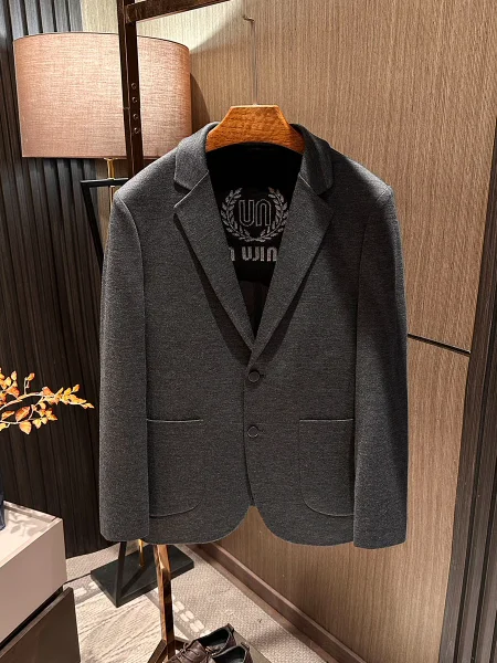High Quality Men's Knitted Wool Blend Slim Fit Suit Spring Fashion Pure Color Versatile Business Casual Breathable Polyester