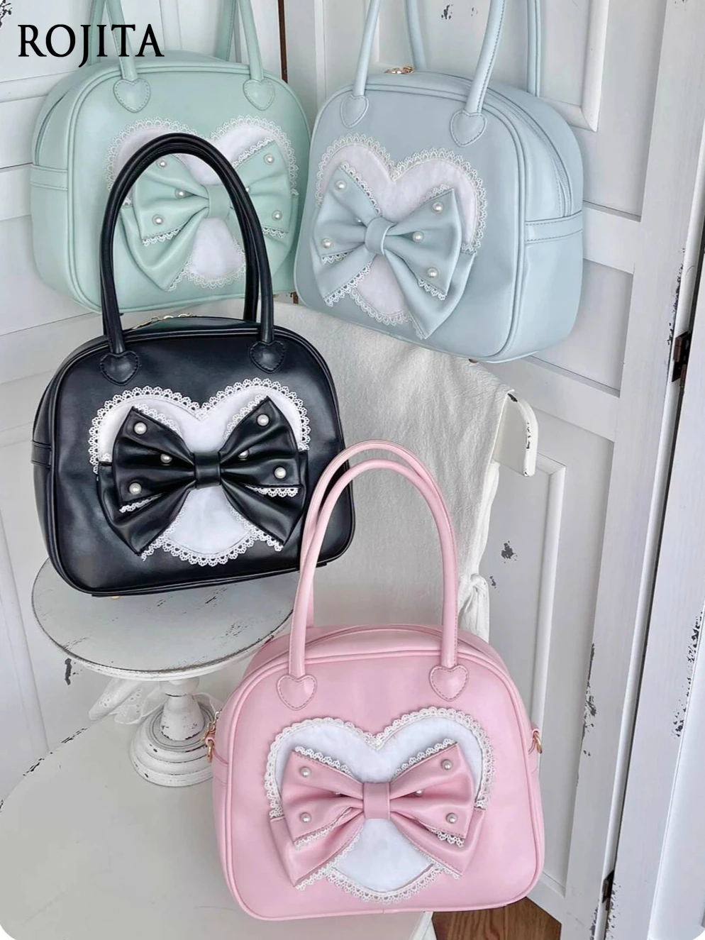 

Elegant Kawaii Bow Handbag Heart Zipper Lolita Handbag Original Design Cute Bow Plush Heart Lace Sweet Girl Small Square Bag