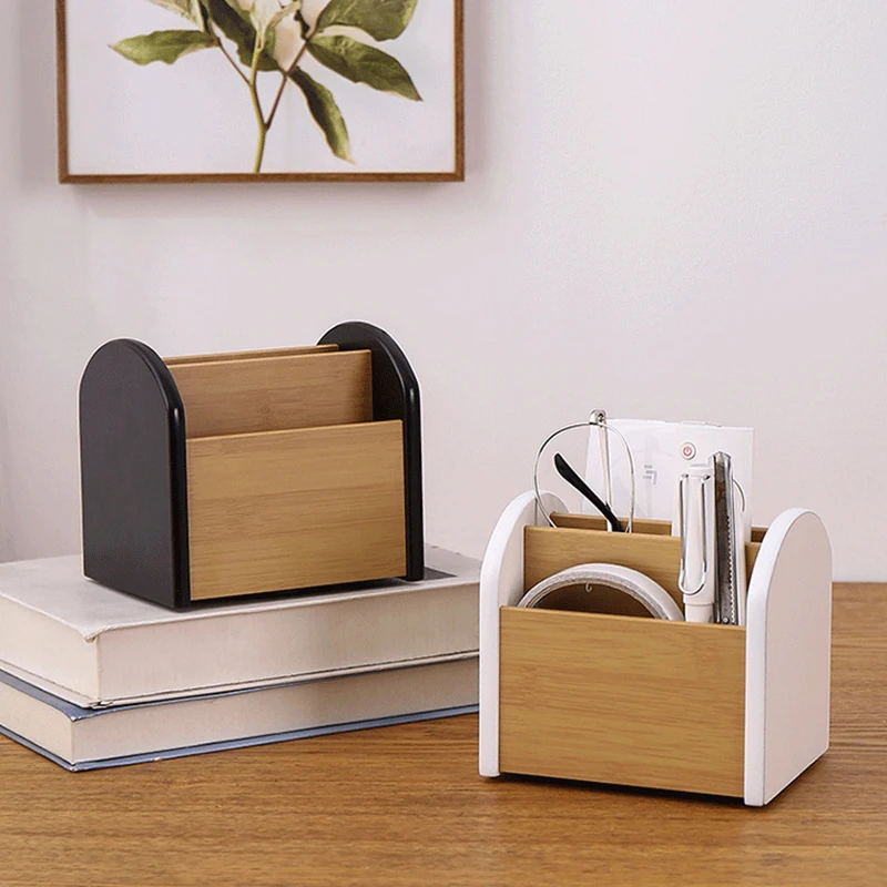 Bamboo Remote Control Storage Box Stationery Remote Control Headphone Cable Cell Phone Desktop Storage Box Organizer