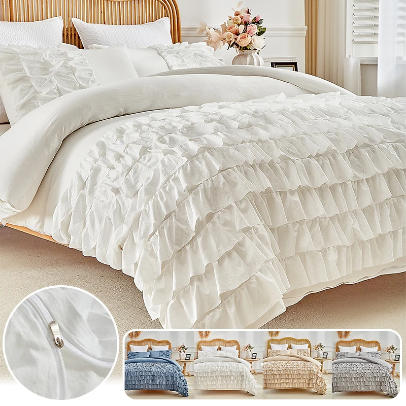 Princess Style Duvet Cover Set Simple Solid Color with Ruffles 2/3PCS Bedding for All Seasons Twin Double Queen King Size Bed