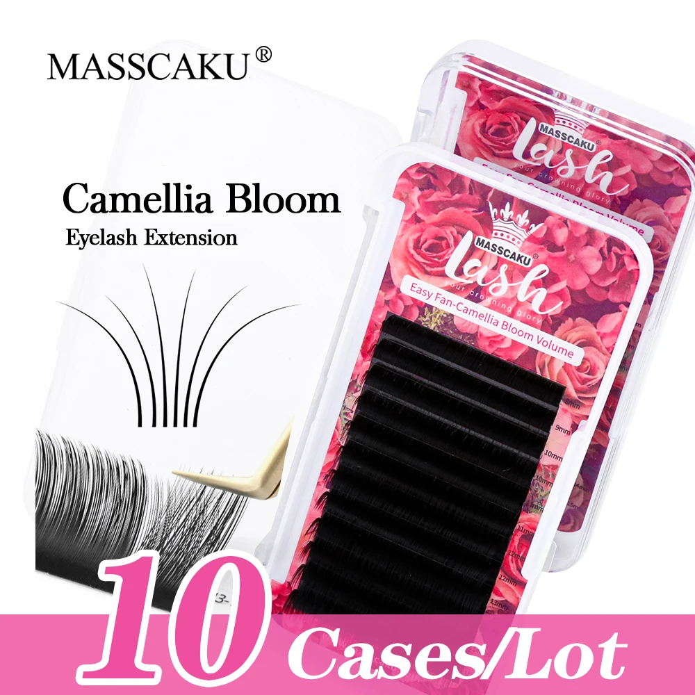 MASSCAKU 10cases/lot High Quality Professional Camellia Blooming Eyelash Extension Natural Soft Matte Black Mixed Length Trays