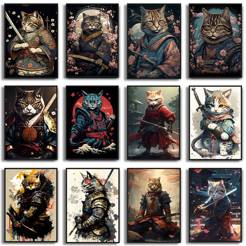 Funny Art Japanese Cat Samurai Katana Sakura Canvas Paintings Wall Art Posters Prints Cat Animals Pictures for Kids Room Decor