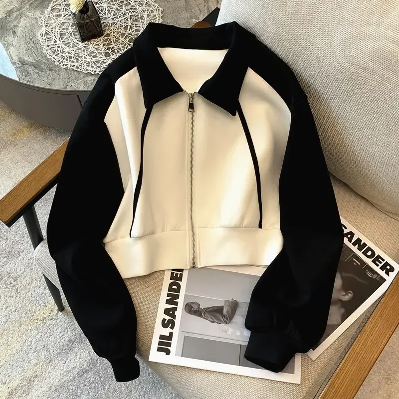 

Collar collar cardigan hoodie short women's jacket baseball jacket spring autumn jacket thin white patchwork top