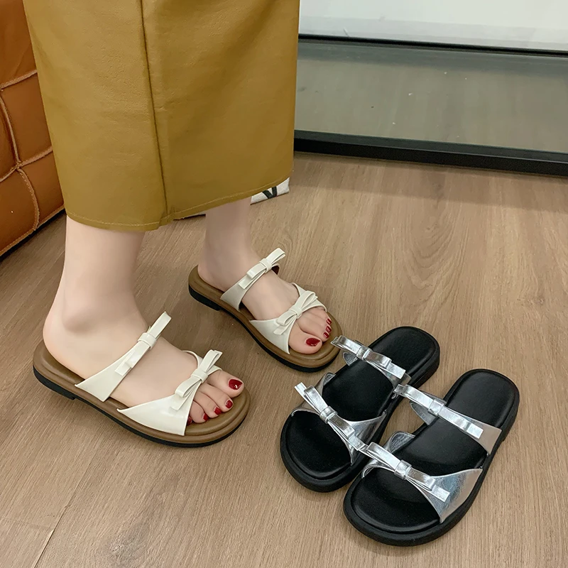 Summer Square-heeled Women's Shoes Double Bow Non-slip Slippers Open-toe Strappy Sandals Zapatos De Mujer