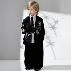 Boys Suit Rose Embroidery Kids Boutique Outfits Spring New Black Casual Blazers Pants 2-Pieces School Girls Clothing Set