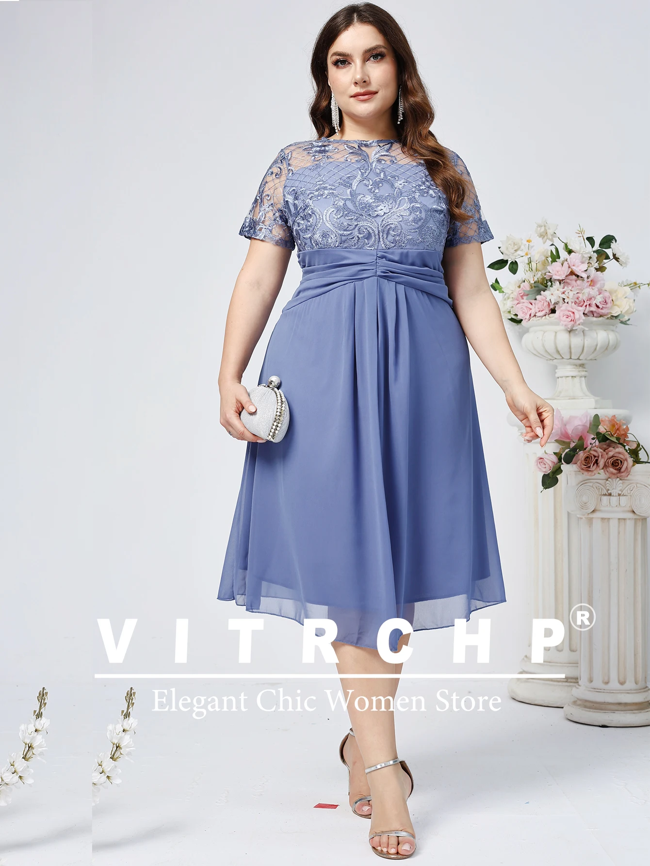 Plus Size Wedding Guest Dresses Women O Neck Lace Short Sleeve Elegant Party Dresses Fashion Solid Color Evening Dress