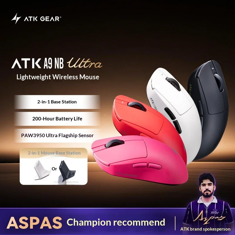 

Беспроводная эргономичная игровая мышь ATK Dragonfly A9 NB Ultra с сенсором PAW 3950 Ultra, док-станцией 2-в-1 и аккумулятором на 200 часов для профессиональных геймеров Valorant
