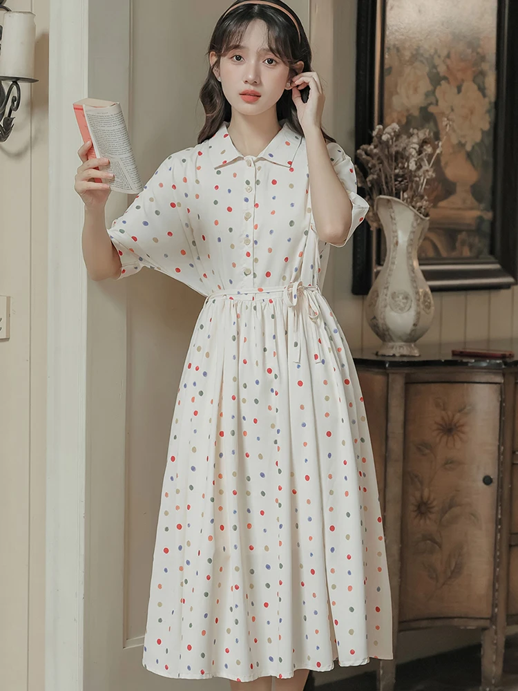 

Элегантное белое платье-бандо в горошек с воротником поло, облегающее, длинное, летнее, в корейском стиле, повседневное, для отпуска, 2026