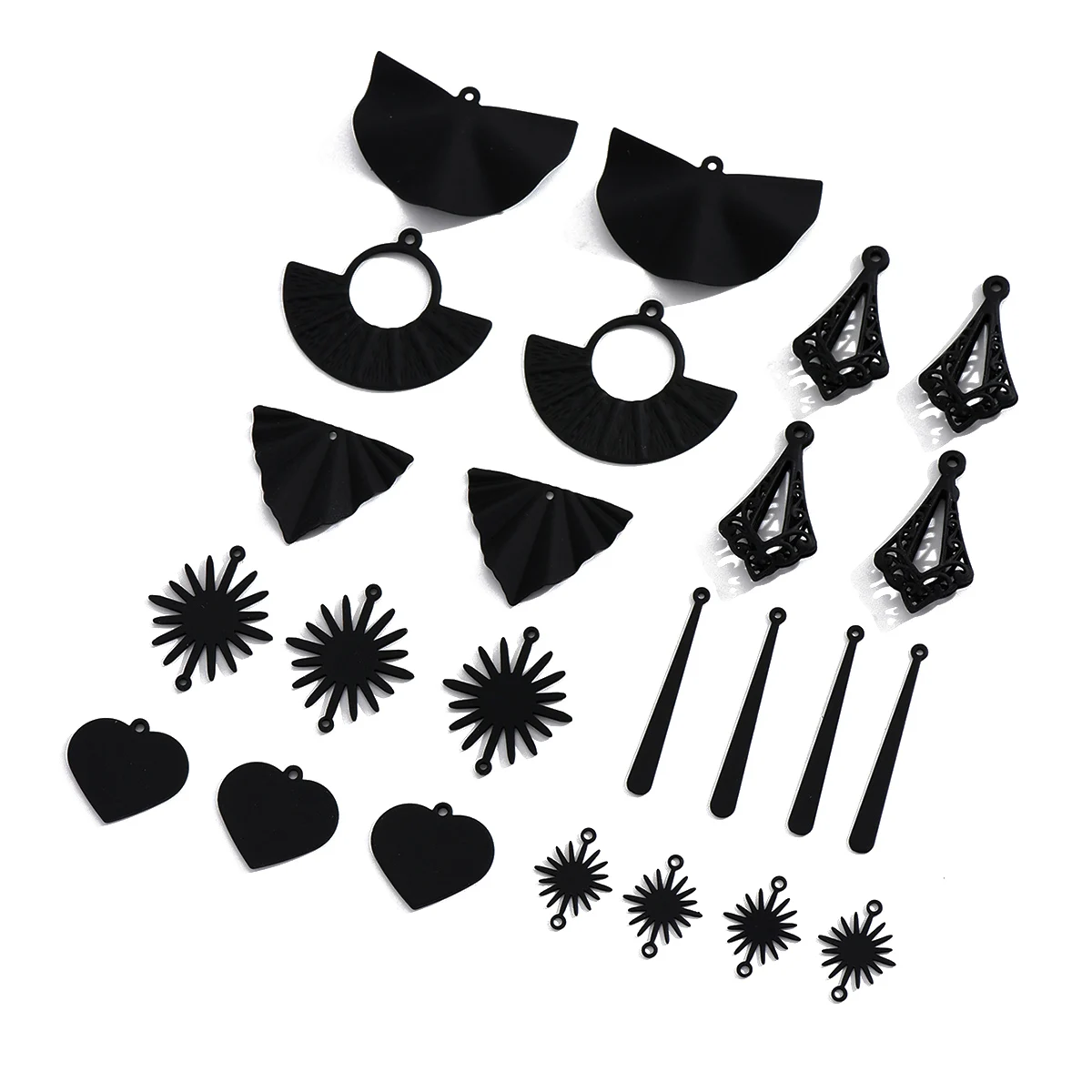 Black heart-shaped, fan-shaped, water droplet, and sunflower pendants, used for making necklaces, bracelets, and earrings