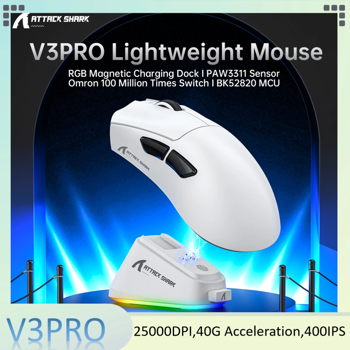 

Легкая мышь ATTACK SHARK V3PRO, сенсор PAW3311, микроконтроллер BK52820, переключатель Ormon на 100 миллионов нажатий, 25000 DPI, частота опроса 1 кГц