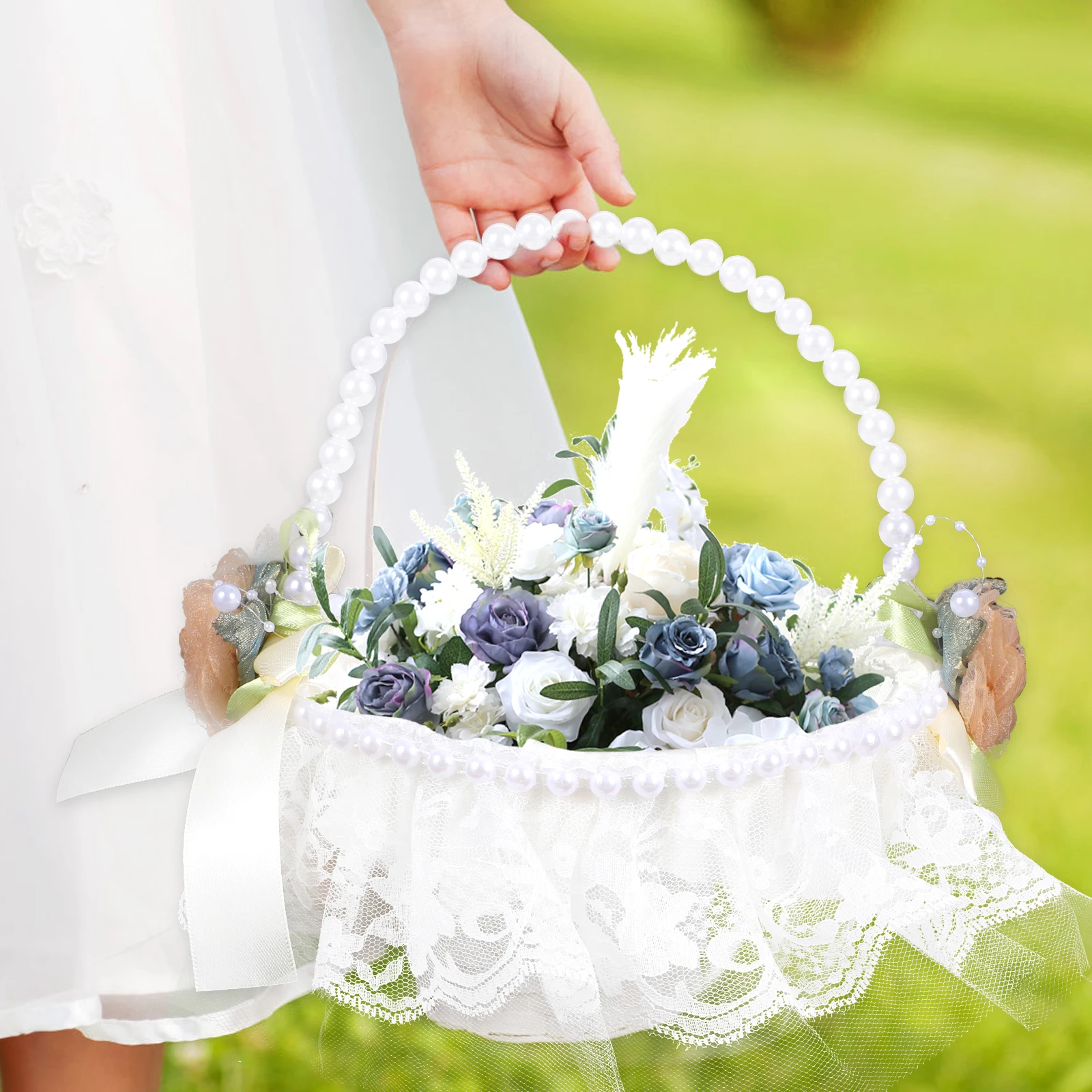 

Satin Lace Wedding Flower Girl Basket White Petals Container Decor Bridesmaid Supplies Handheld DIY Photoshoot Prop Storage