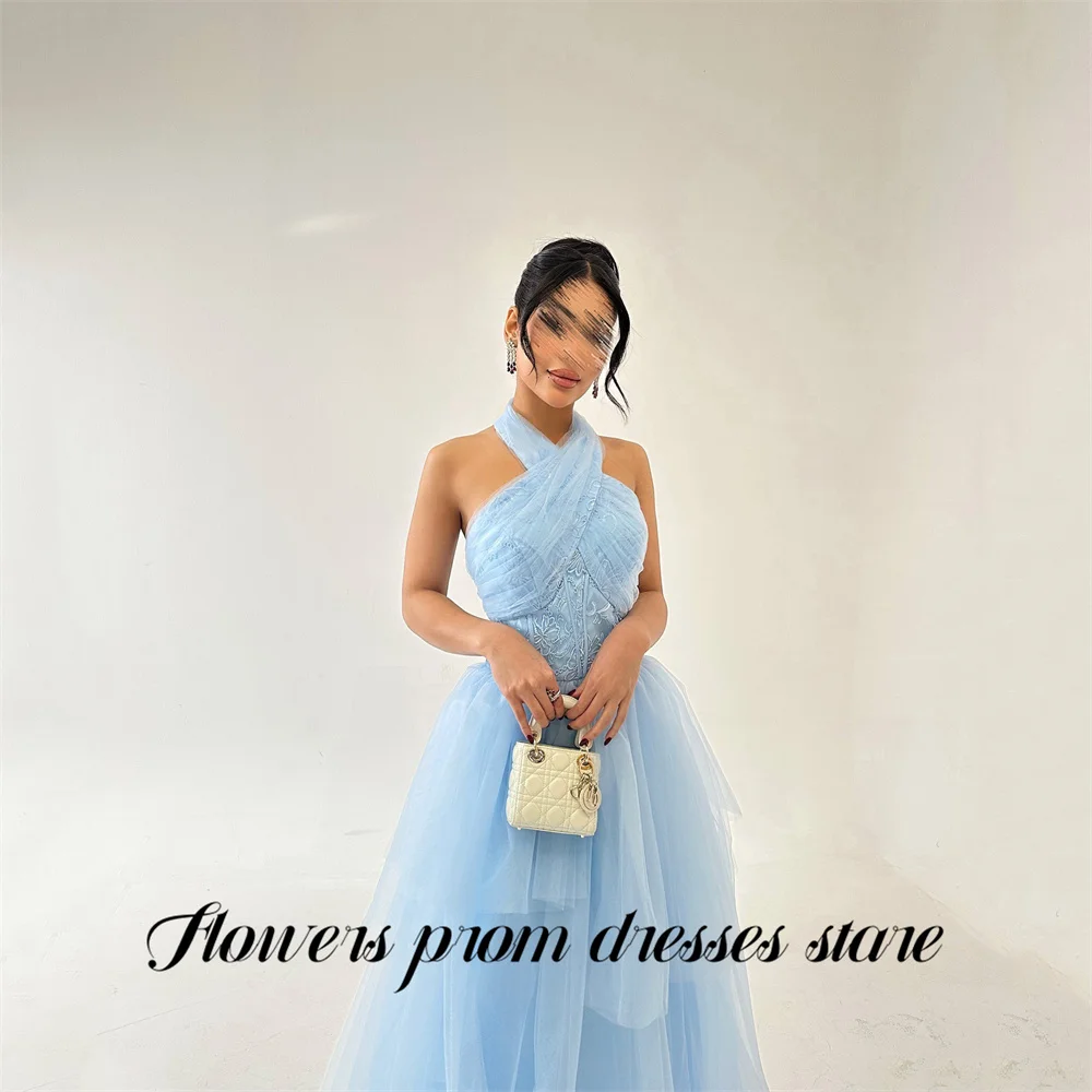 

Flowers Light Blue Party Dress Halter Neck Night Dress Lace Tulle Prom Dress for Woman Tiered Sleeveless 프롬 드레스 Customized