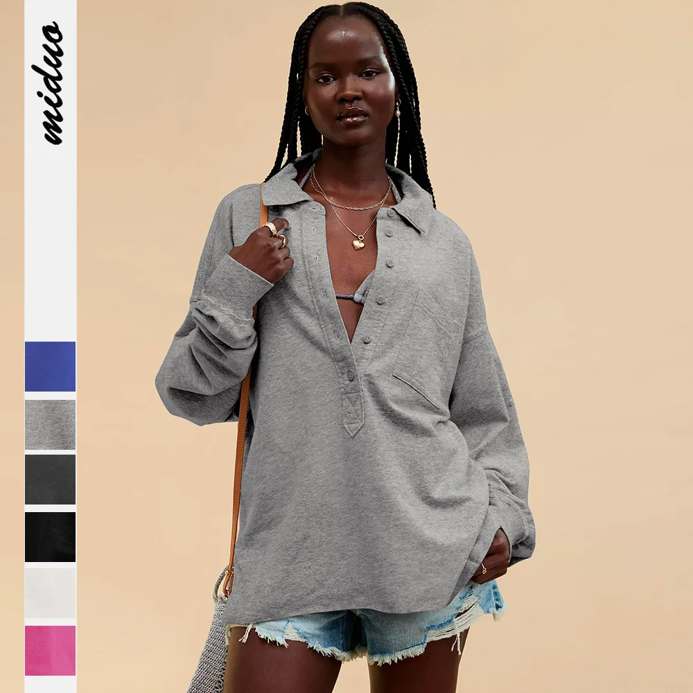 

Women Clothes New Fashion Loose Hoodie Button Casual Long Sleeve Design Sense Solid Color Casual Women Slit Hoodie