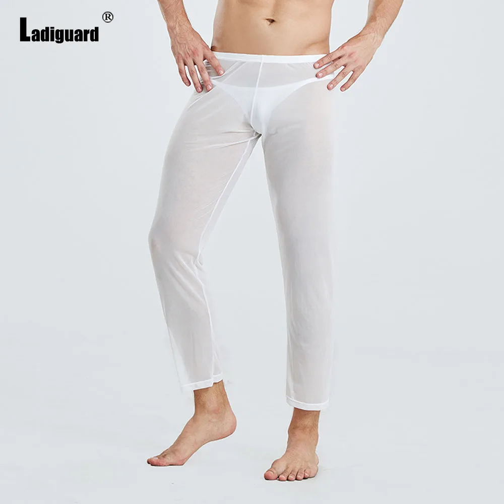 

Ladiguard Sexy Men Grunge Lingerie Fetish Pants European Style Casual Beach Hotpants Solid White Black Soft Transparent Trousers