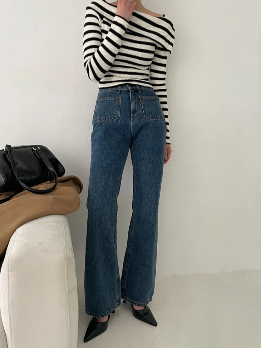 

High Waist Slim Fit Micro Flare Denim Jeans Women's Double ket Straight Leg Jeans Casual Comfortable Spring Autumn Wear