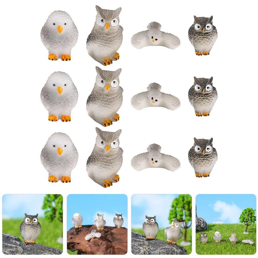 

12 Pcs Moss Micro Landscape Adorable Animal Statue Decor Small Owl Model Mini Figurine Garden Tiny Statues Desktop Lovely Resin