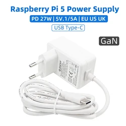 GaN PD 27W Power Supply for Raspberry Pi 5 USB Type C 5.1V 5A EU US UK Plug Power Adapter forRPI 5 Pi5 Orange Pi 5 Pro