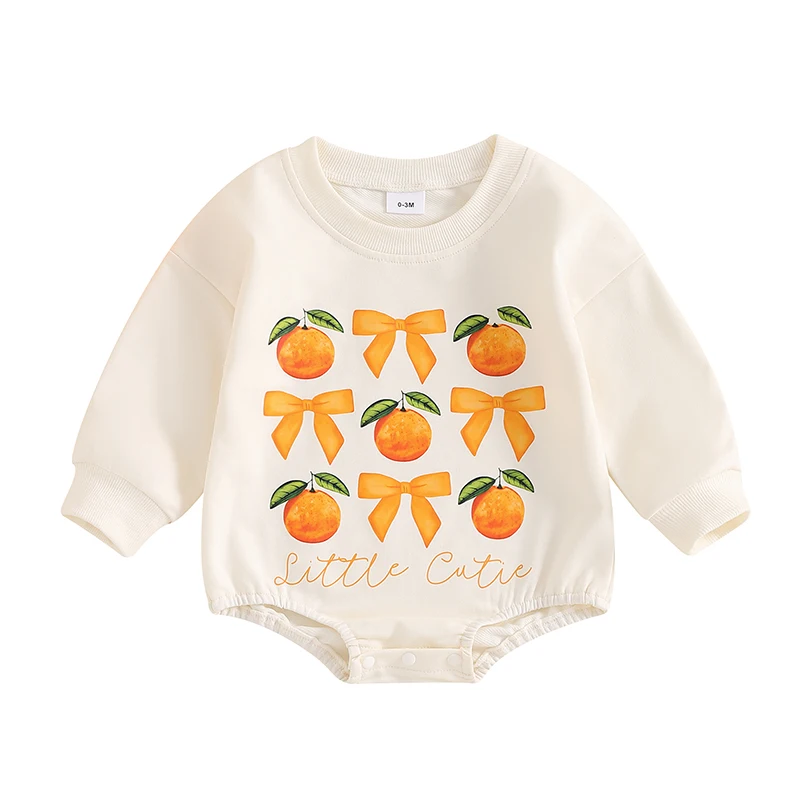 Baby Girls Romper Long Sleeve Crew Neck Orange Bowknot Print Bodysuit Clothes for Casual Daily