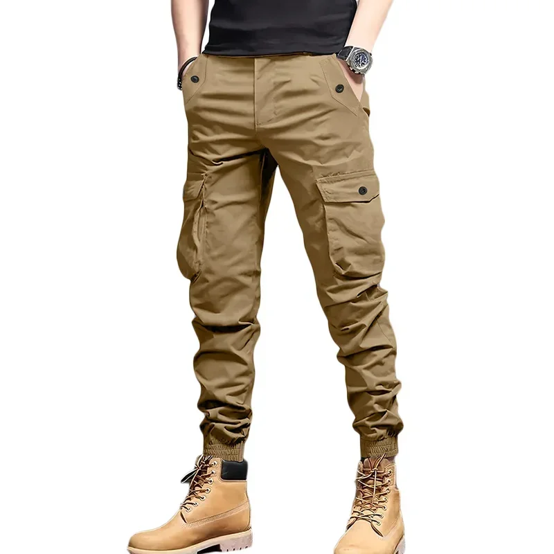 2026 New Men White Cargo Jogger Pants Multi Flap Pockets Elastic Ankle Cuff Casual Streetwear Trousers view 3