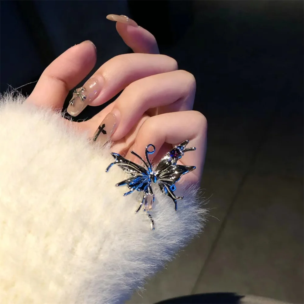 Fashion Silver Color Liquid Metal Butterfly Ring For Women Retro Purple Crystal Red Gemstone Open Adjustable Ring Party Jewelry