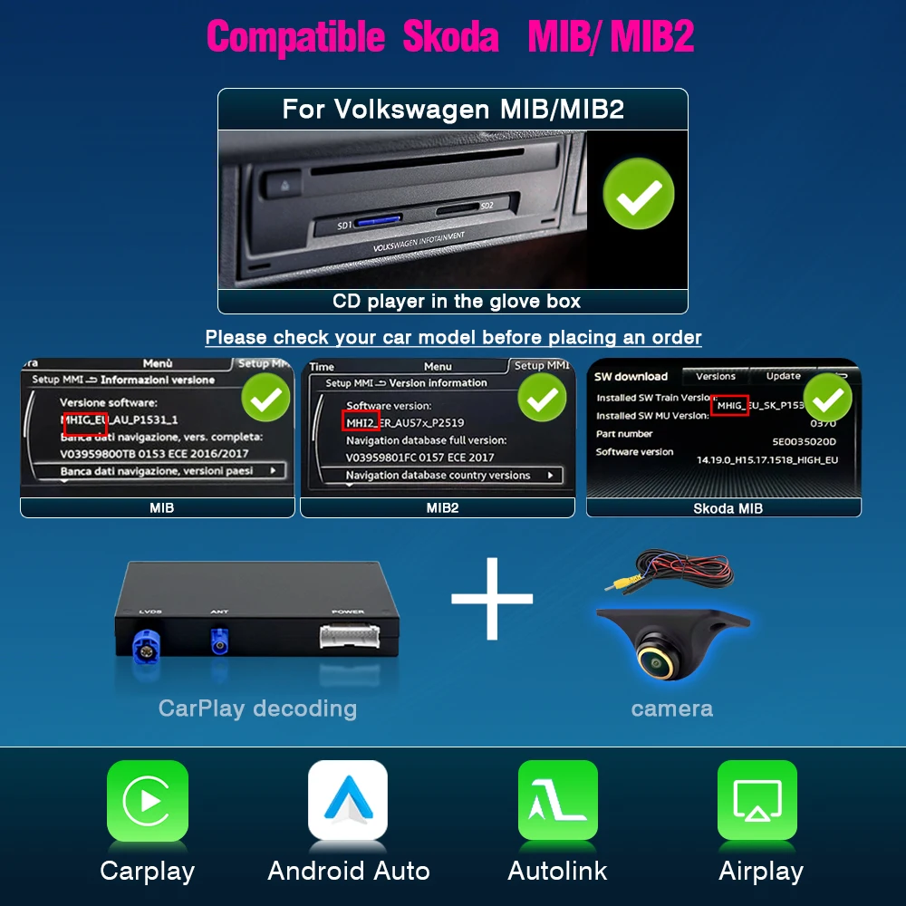AUTOTOP Draadloze Android Auto CarPlay voor Skoda Octavia Superb Fabia Kodiaq Rapid Rapid Spaceback MK3 NS7 NU7 Ondersteunt OEM Camera
