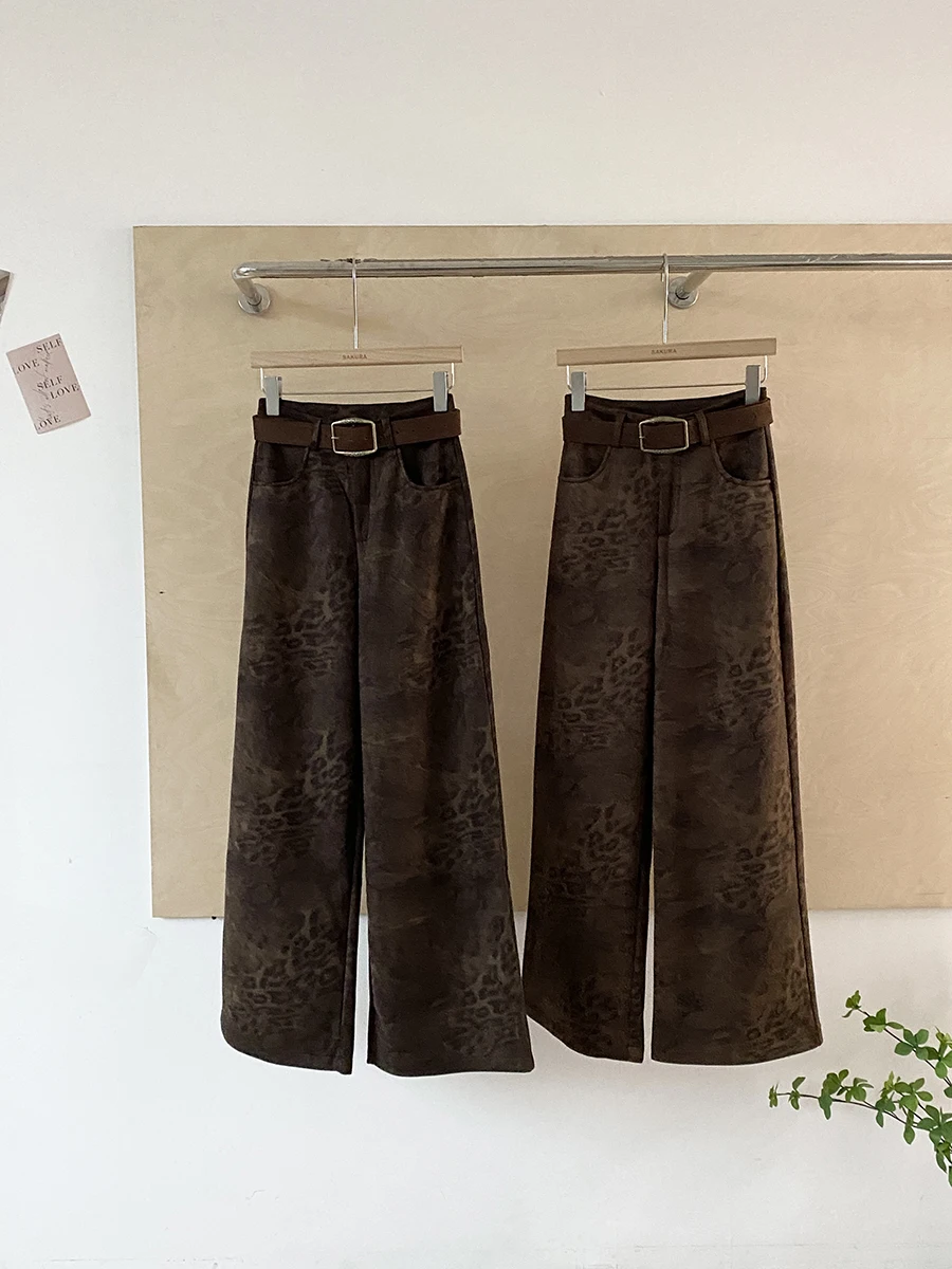 

Ретро-брюки женские из замши с леопардовым принтом, с высокой талией, широкие, повседневные, стройнящие, универсальные, модные, осень 2025