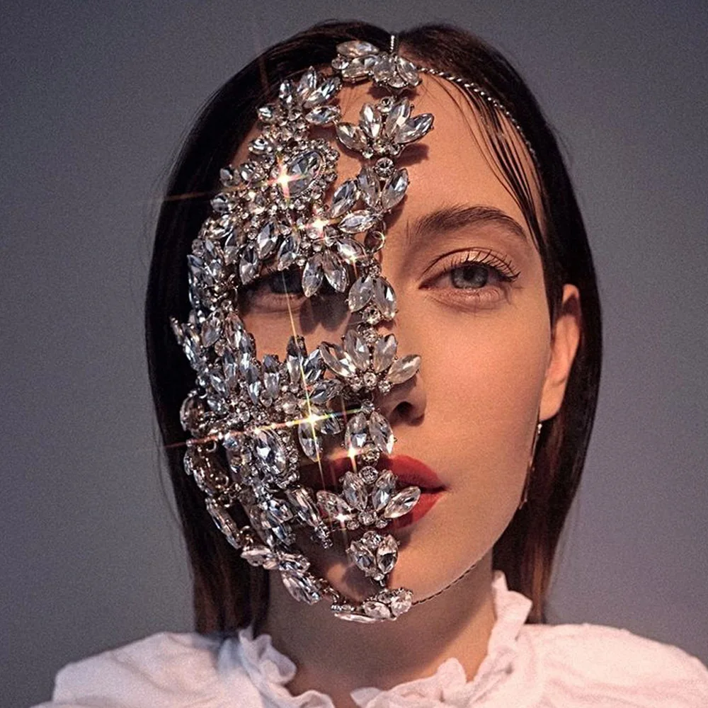 Sexy Geometric Rhinestone Half Mask Chain Women Face Accessories Nightclub Costumes Carnival Mask Veil Masquerade Jewelry Party