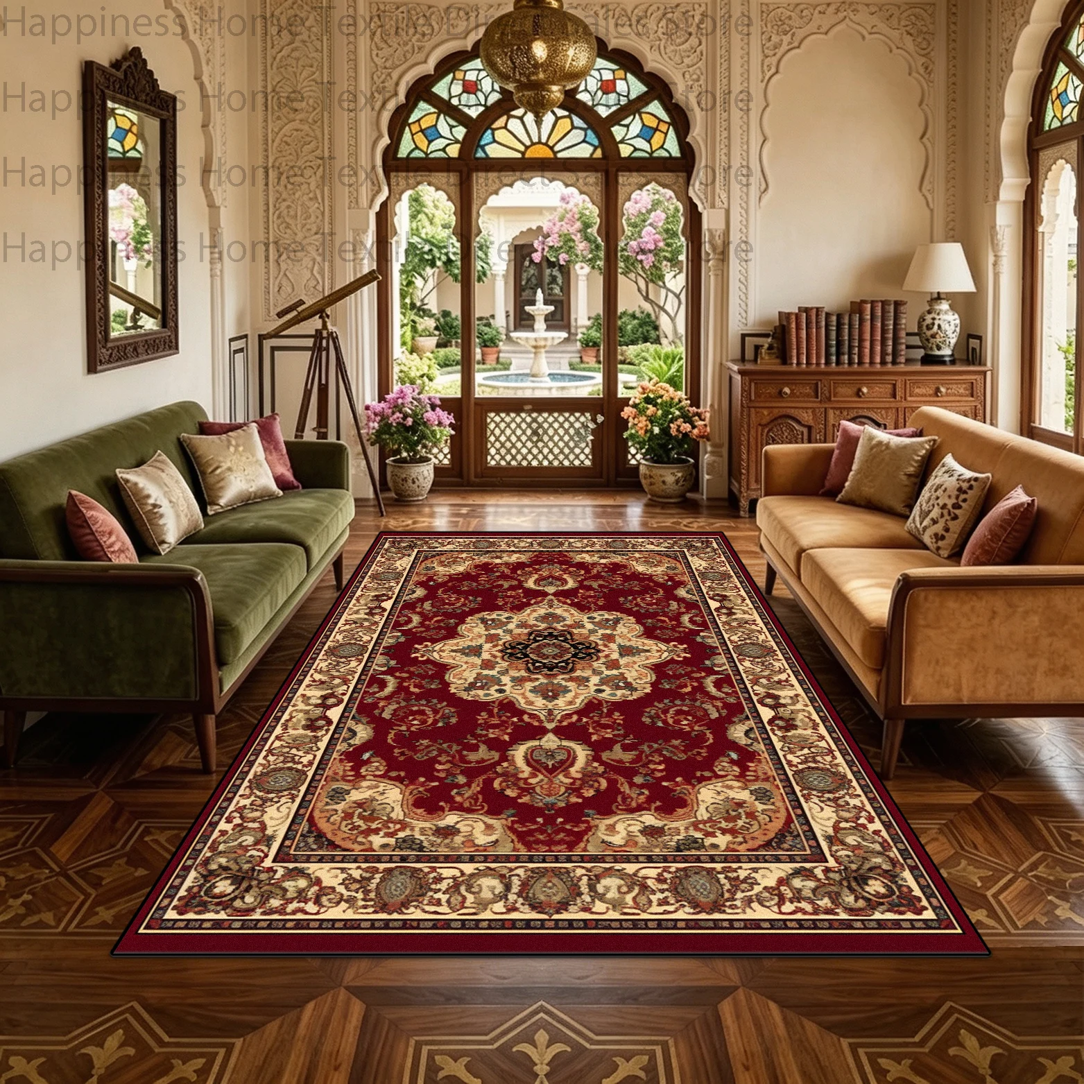 Persian Retro Geometric Style Living Room Red Carpet Antiskid Machine Washable Bedroom Floor Mat Soft Fluffy Study Luxury Rug