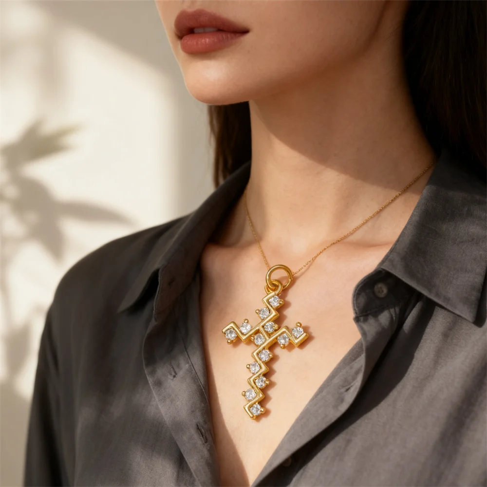 

2Pcs Pendants Brass Cubic Zirconia Cross Charms Dual Tone Chevron Openwork Shiny DIY Jewelry for Necklace Bracelet Women Men