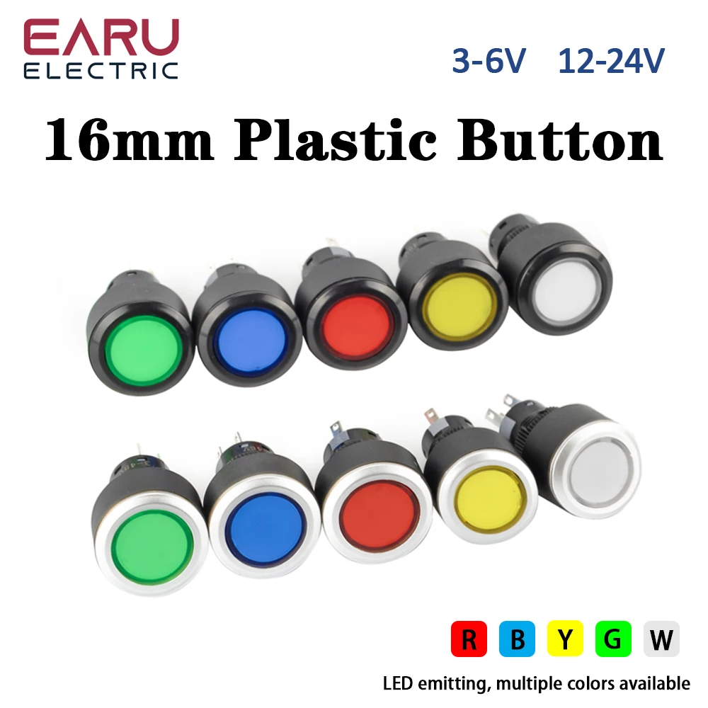 16mm Plastic Button Switch With Light Momentary Latching Circula Power Supply Start Mini Button Black Cas 12V 24V Red Green Bule