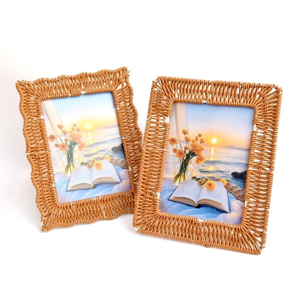Vintage Rattan Photo Frames 4x6 Inch Handmade Wicker Photo Frames PP Woven Rustic Charm Woven Picture Frame Home Decoration