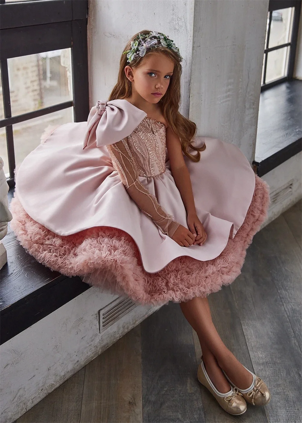 Robe bouffante rose à fleurs pour filles, en couches, une initiée pour mariage, première communion, quelle que soit la fête, reconstitution historique de beauté, cadeau d'anniversaire pour enfants