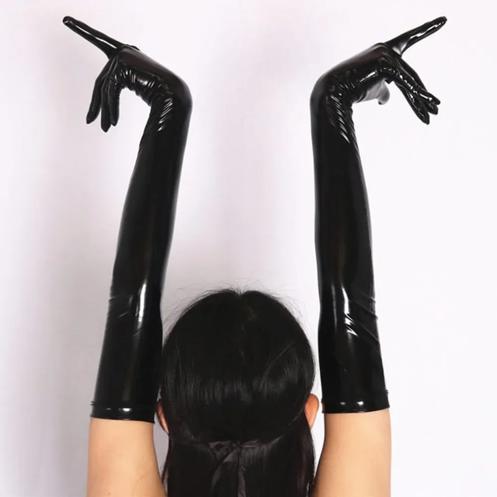 

Women Sexy Oily Shiny Black Red PVC Long Gloves Club Performance Costume Elastic Gloves Mittens Handwear
