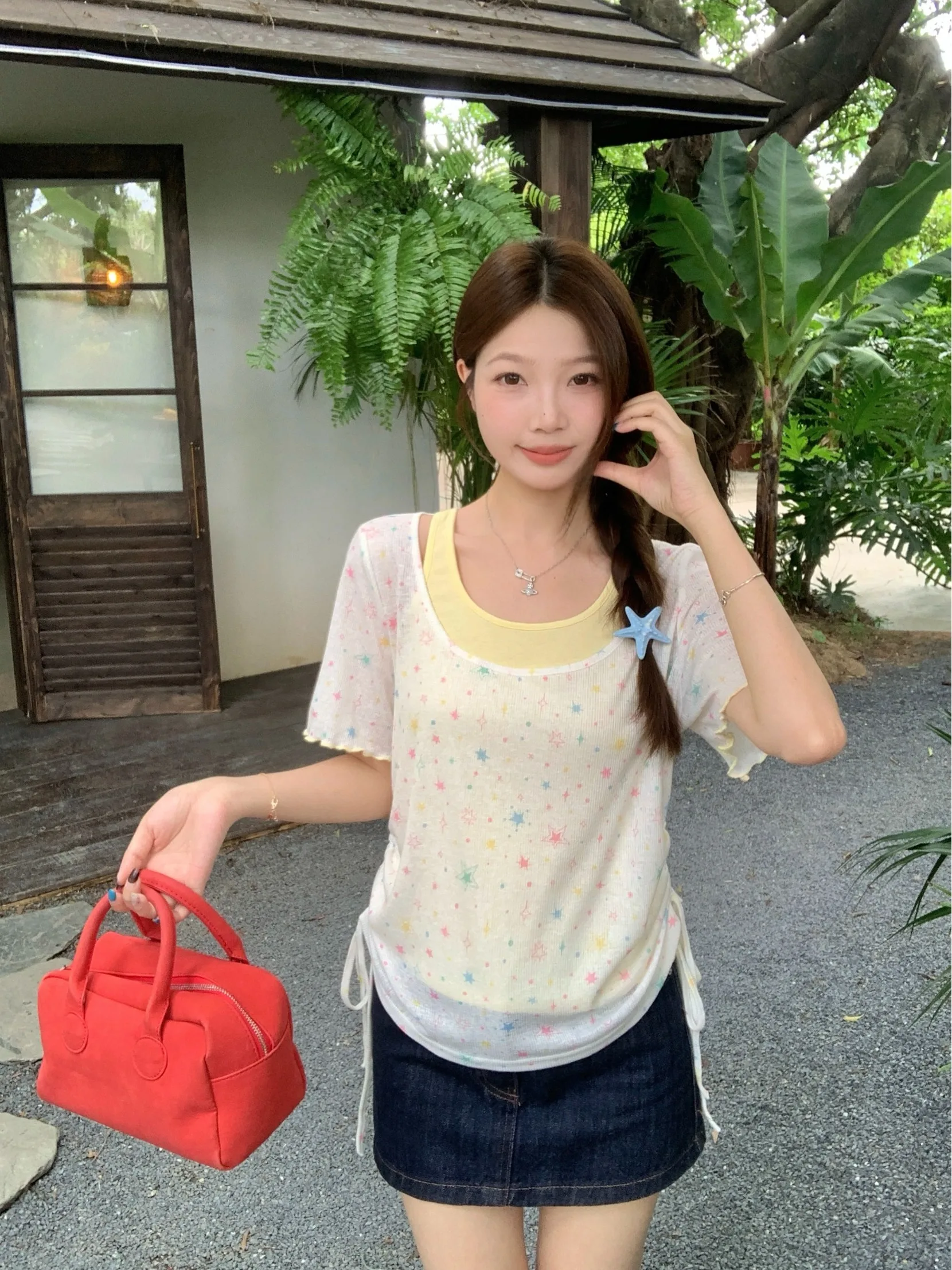 

plus Size Women's Star Print Short Sleeve T-Shirt Drawstring Top Summer New Style Slimming Versatile Design Commute Style Kor...