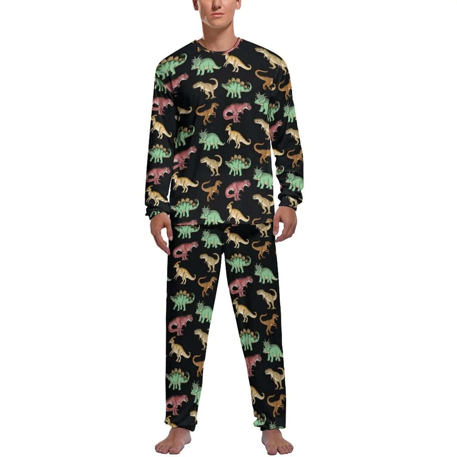 

Cartoon Dinosaur Pajamas Daily Cute Animal Print Room Sleepwear Men 2 Piece Graphic Long-Sleeve Cute Pajamas Set