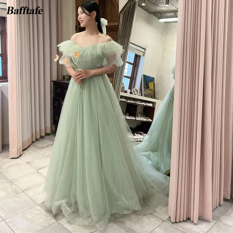 

Bafftafe A Line Tulle Korea Prom Dresses Ruffles Straps Corset Back 프롬드레스 Short Sleeves Women Formal Party Wedding Photo Gowns