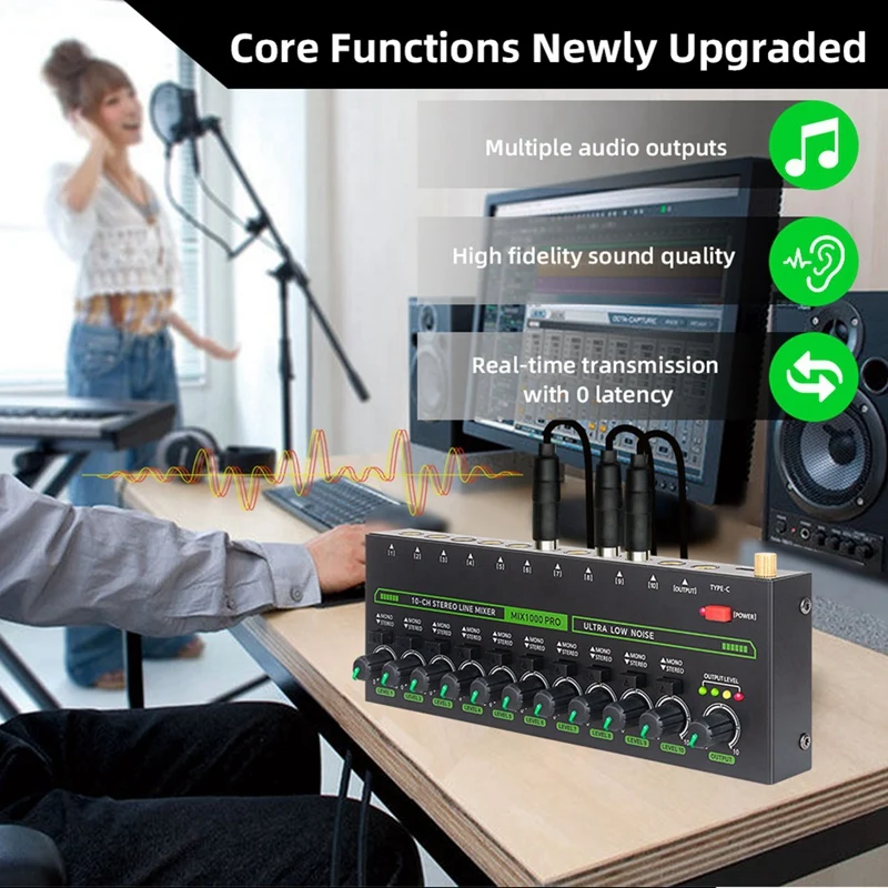 AIAI Professional 10 Channel Sound Mixer Low Noise LED Sound Mixer With RGB Light For Sub-Mixing Stereo Switcher