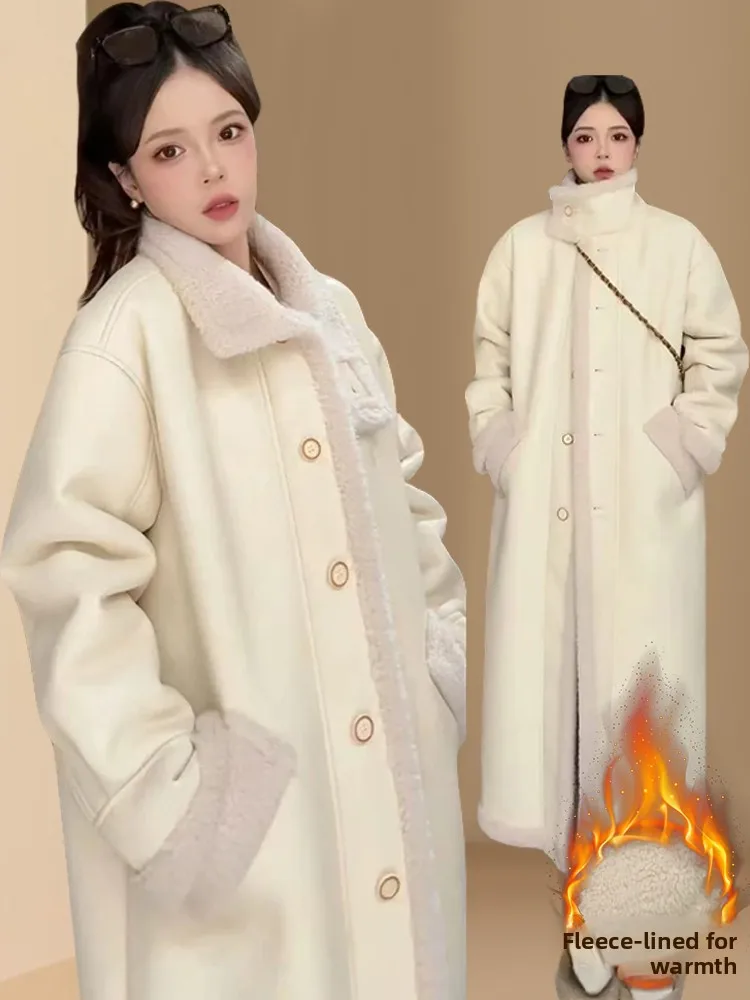 

Женское длинное утепленное пальто в корейском стиле на флисовой подкладке с мехом, Зима 2024, Новая модная коллекция, Свободный крой, Элегантная верхняя одежда для повседневной носки