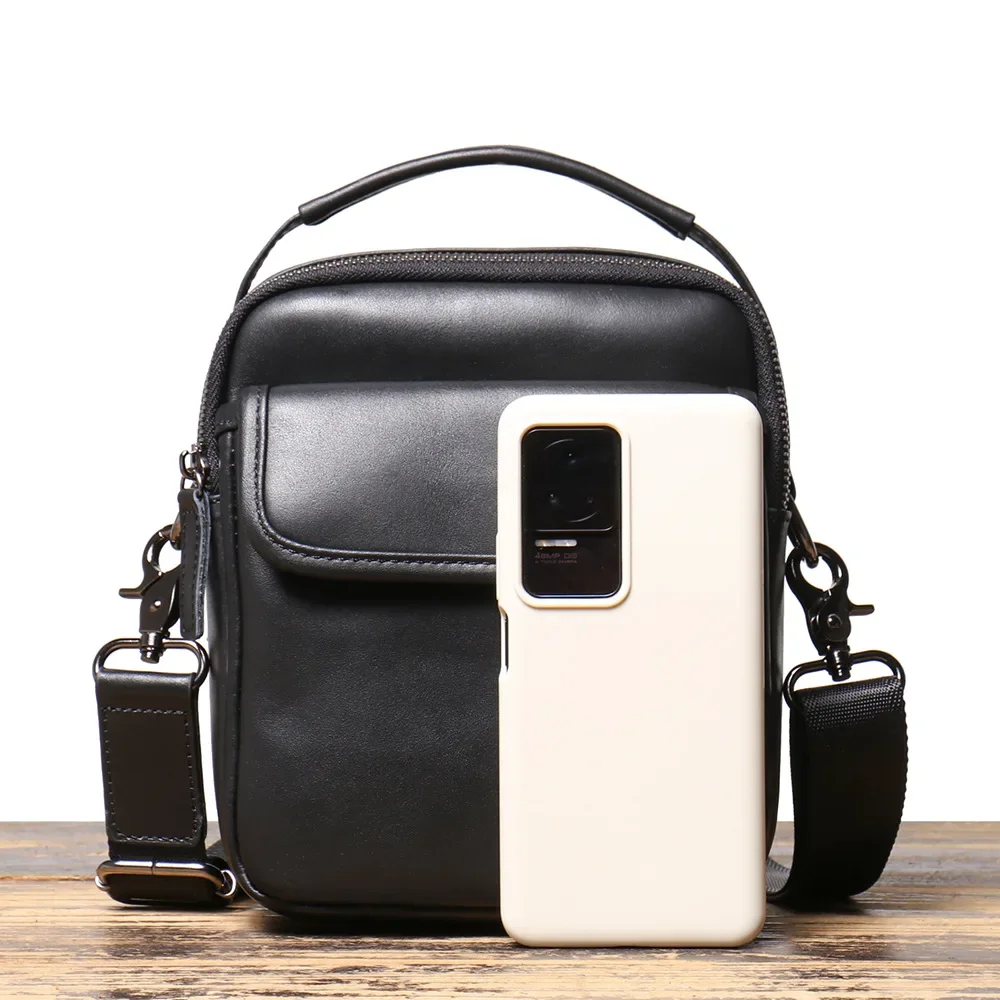 Men's Small Body Bag Leather Mobile Phone Bag Cowhide Single Shoulder Crossbody Bag Casual All-match Backpack Handbag