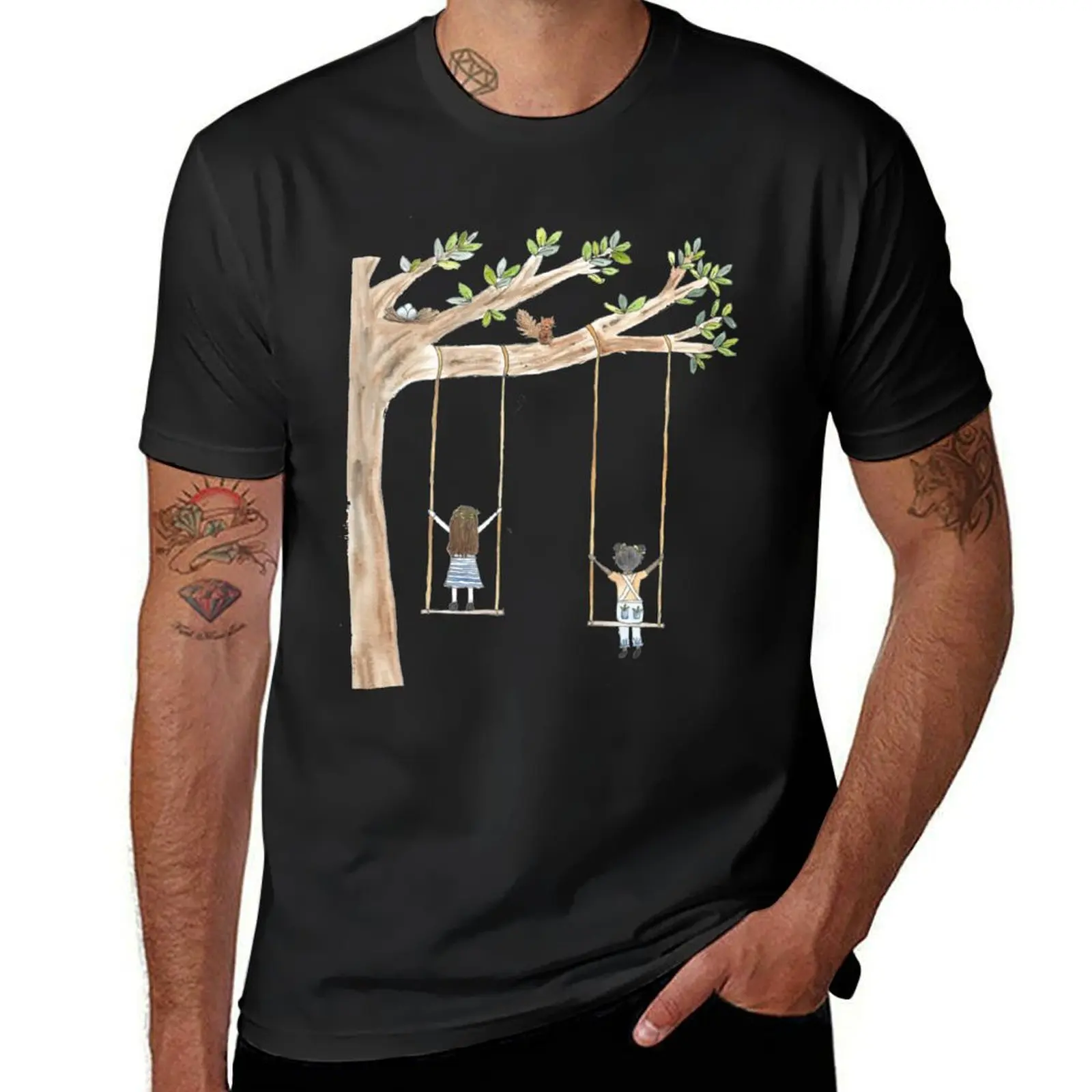 Two Girls on Swings T-Shirt boys animal print Aesthetic clothing summer clothes oversizeds mens graphic t-shirts